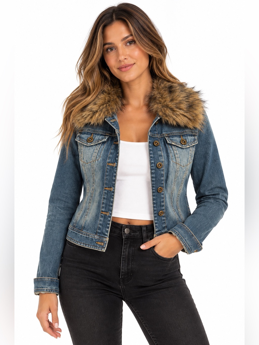 INC International Concepts Faux Fur Collar Denim Jacket Y2K Medium